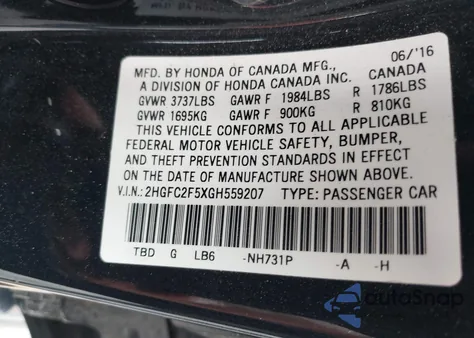 2016 Honda Civic Lx from USA, damaged, VIN 2HGFC2F5XGH559207